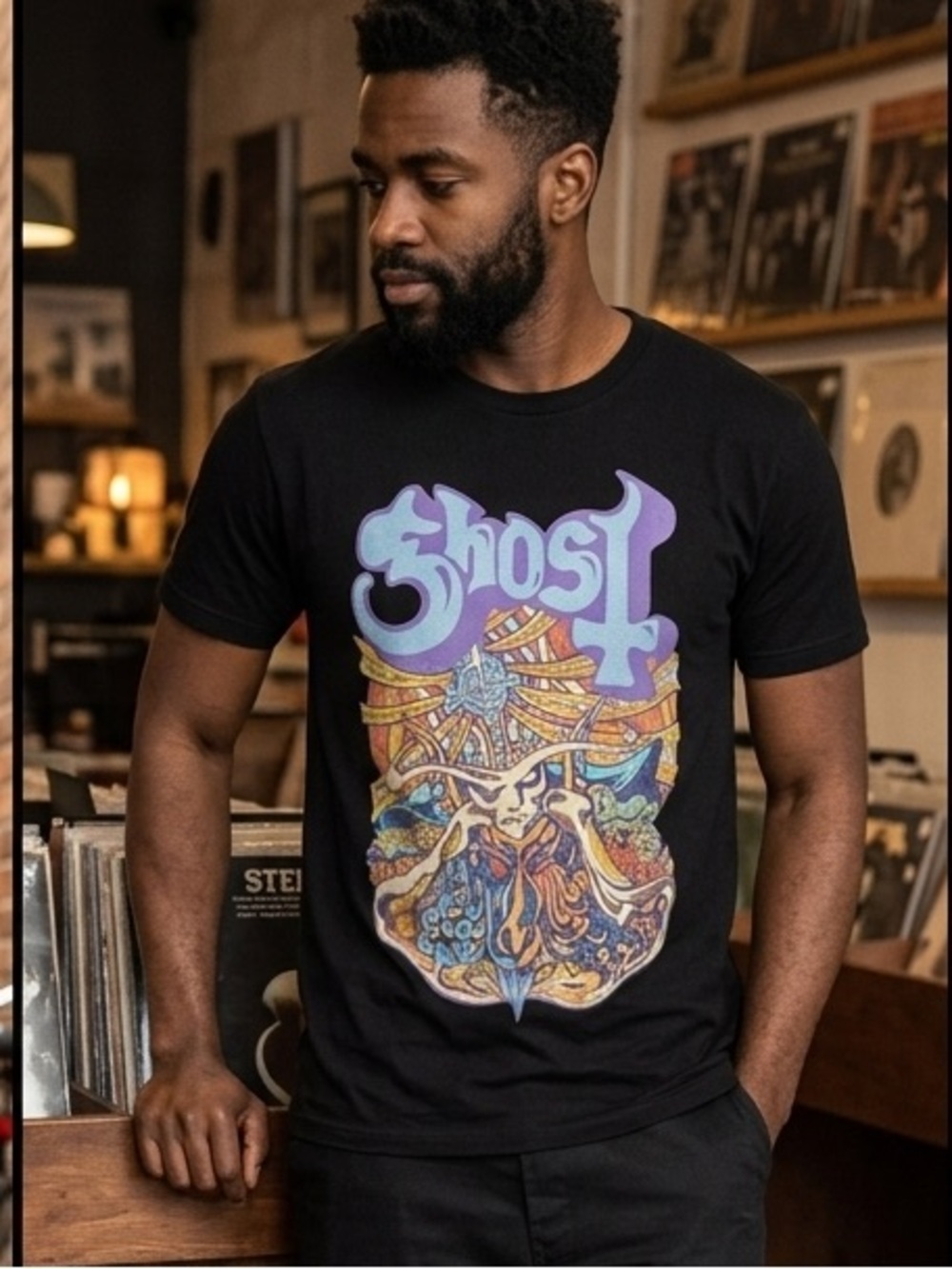 GHOST Graphic Band T-Shirt L Black EUC